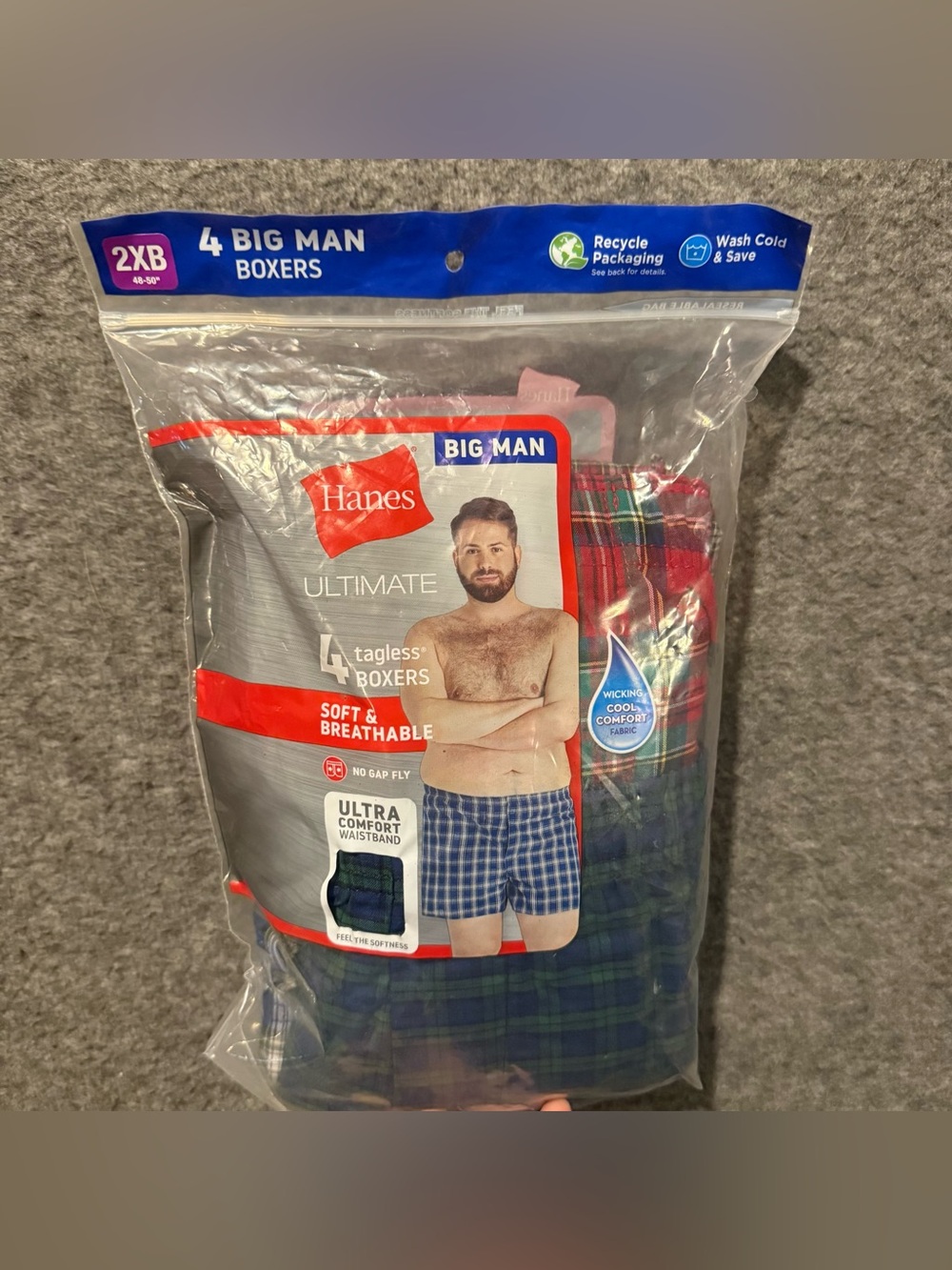 Hanes 4 Pack Big Man Boxers 2XB 48-50 Plaid Red Green Blue Comfort Soft Wicking